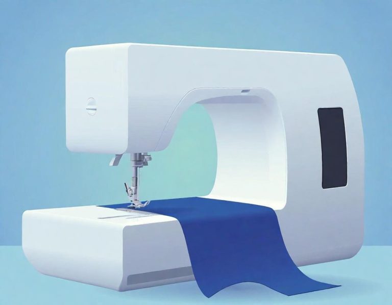 Nähmaschine Eine weiße Nähmaschine mit blauem Stoff unter der Nadel.